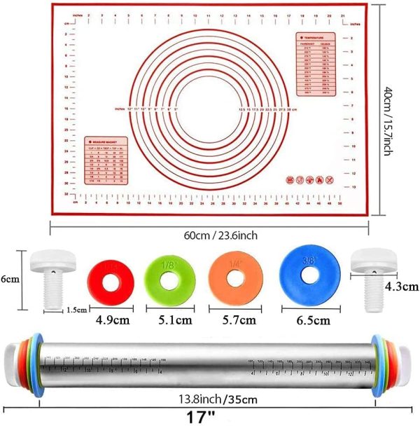 Rolling Pin and Silicone Baking Pastry Mat Set, Stainless Steel Dough Roller, Rolling Pins with Adjustable Thickness Rings, for Baking Dough, Pizza, Pie, Pastries, Pasta, Cookies - Image 6