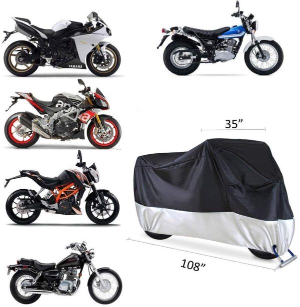 Motorcycle Cover,  All Season Waterproof Snowproof Motorbike Covers with Lock Holes, Fits up to 108"/274cm Motors Bikes Scooters for Honda, Yamaha, Suzuki, Harley, Kawasaki, Black-Silver