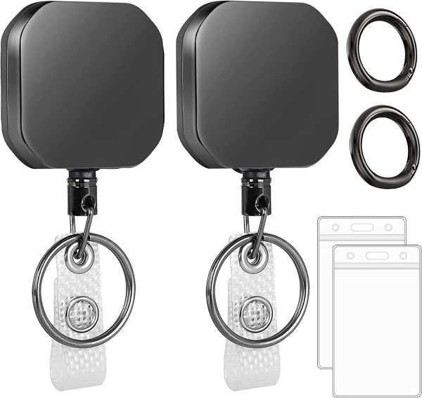 FYY (2 Pack) Metal Heavy Duty Retractable Badge Holders Reel with [Carabiner] [Key Chain Keychain] and [ID Card Holders] 26.8 inches Reinforced Wire Cord - 2 Squares - Image 7