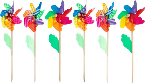 jojofuny Rainbow Flower Pinwheel 6pcs Colorful Garden Wind Spinners Kids Colorful Wind Wheels Toys Wood Stake Lawn Pinwheels Decorations Outdoor Yard Stakes - Image 2