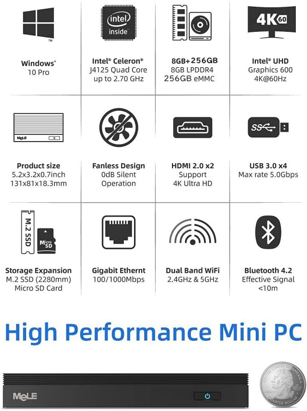 MeLE Mini PC Windows 11 Pro 8GB DDR 256GB eMMC Celeron J4125 Processor Quad-Core Fanless Mini Computer 4K HD BT4.2 2.4G/5.0G Dual Band WiFi USB3.0 - Image 9