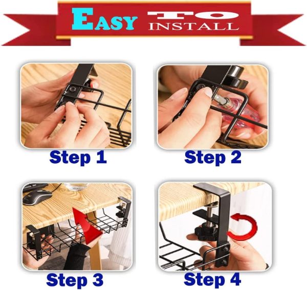 Cable Management Under Desk As Cord Basket Tray for Cable Organize,Detachable No Drill Wire Management Rack As Computer Cable Management,Under Desk Storage Shelf (Black) - Image 4