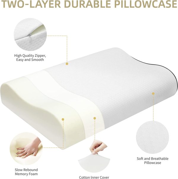 Memory Foam Pillow, Neck Orthopedic Sleeping Pillows, Cervical Pillow for Neck Pain Relief with Washable Pillowcase for Side, Back and Stomach Sleepers - White - Image 2