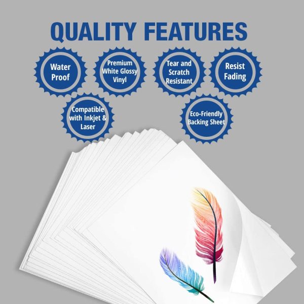 Printable Vinyl Sticker Paper ? Glossy A4 Stickers Paper ? Top Notch 50 Self-Adhesive Vinyl Sheets ? Thickness 100 Micron ? Waterproof Label ? Best for Inkjet & Laser Printer - Image 2