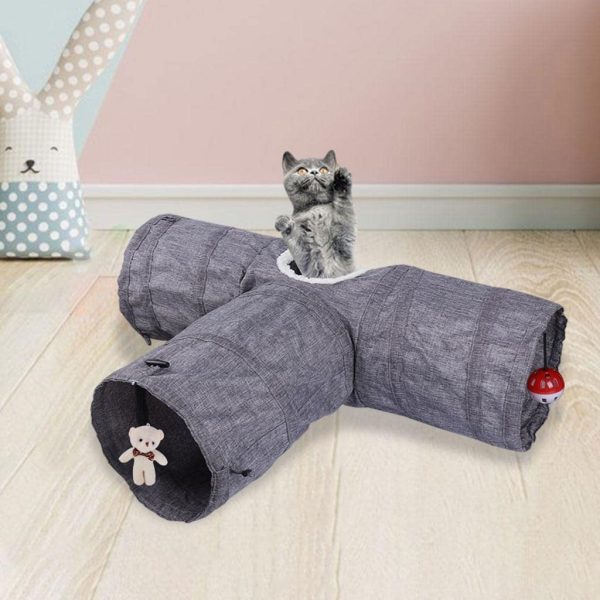 Homyl Cat Tunnel Toy 3 Way, Premium 3 Way Collapsible Pet Play Tunnel Tube with Ball Plush Bear for Cats, Puppy, Rabbits - Gray - Image 5