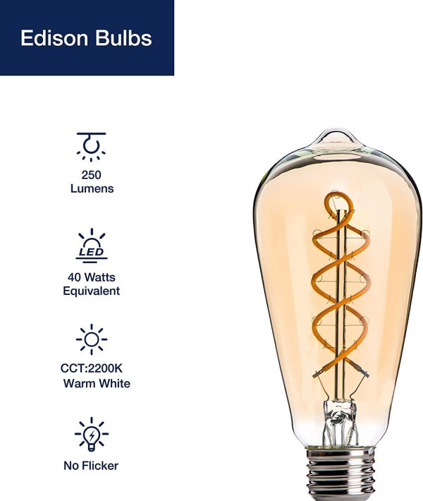 LED Edison Bulbs, ST58 Vintage Spiral Filament Light Bulbs, 4W(40W Equivalent), E27 Base, CRI 90, Non-Dimmable, 2200K Warm White, Amber Glass, 4 Pack - Image 4