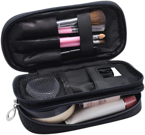 Small Makeup Bags for Women, Travel Cosmetic Bag, 2 Layer Beauty Brush Toiletry Bag with Mirror