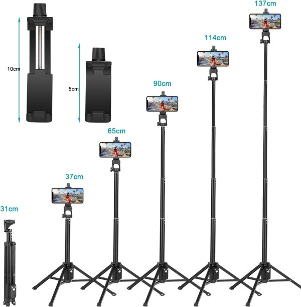 Selfie Stick Tripod for iPhone, 137 cm Extendable Phone Tripod Stand with Remote Shutter & Phone Holder, Portable Travel Tripod with Carrying Bag - Image 6