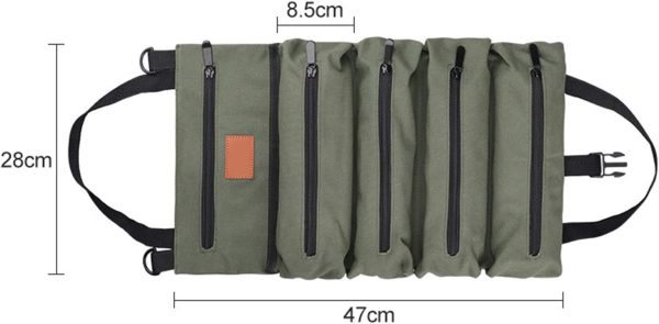 Canvas Roll-up Tool Bag, Multi-Purpose Tool Roll Pouch Tool Organizer with 5 Zipper Pockets Carrier Bag for Car Motorcycle Storaging Wrenches, Sockets, Screwdrivers - Image 6