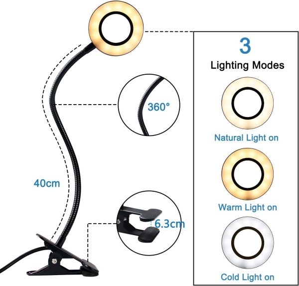 Reading Lights, Clip on Light Lamp for Bed, 360 ?? Flexible Gooseneck Book Light for Reading,  USB Led Desk Light with 3 Color Modes, 9 Brightness Dimmer, Auto Off Timer - Image 5