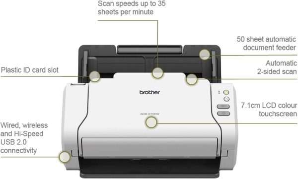 Brother ADS-2700W Document Scanner, Wireless/USB 2.0, Desktop, 2-Sided Scanning, 35PPM, A4 Scanner, Includes AC Adapter, USB Cable and Document Management and Business Card Software