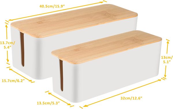 Set of Two Cable Management Box by , Bamboo Lid, Cord Organizer for Desk TV Computer USB Hub System to Cover and Hide & Power Strips & Cords (White) - Image 4