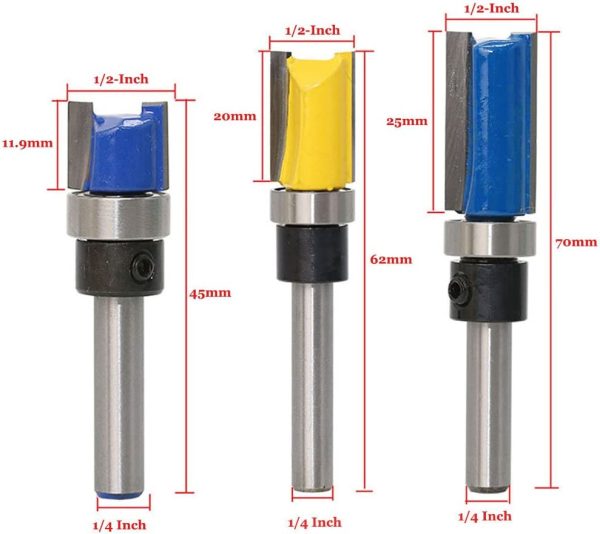 Set of 3 Pieces 1/4 Inch Shank Flush Trim Pattern Template Router Bit Set Wood Top Bearing Milling Cutter Tool