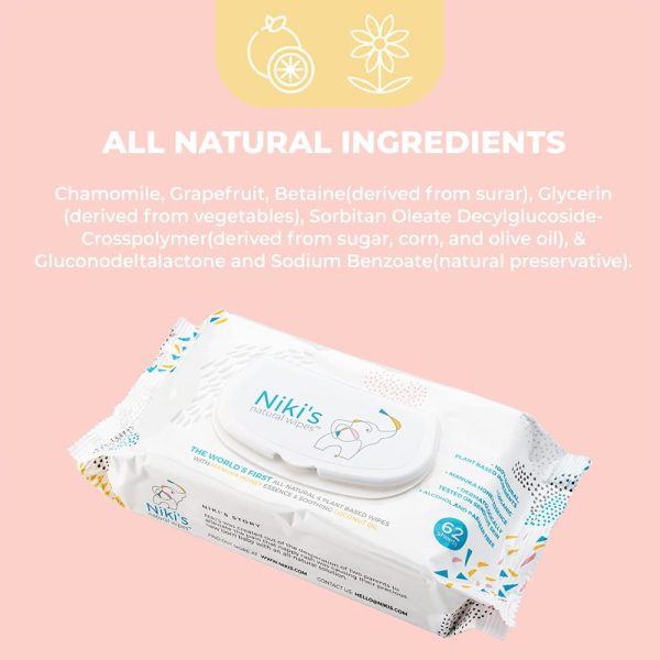 Niki's Natural Baby Wipes | World's First All Natural Baby Wipes with Manuka Honey and Coconut Oil | 62 Wipes (1 Pack x 62 Wipes) - Image 2