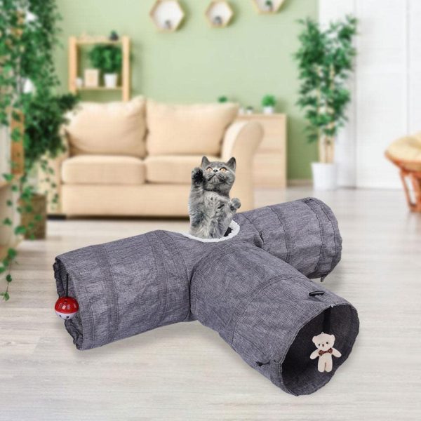 Homyl Cat Tunnel Toy 3 Way, Premium 3 Way Collapsible Pet Play Tunnel Tube with Ball Plush Bear for Cats, Puppy, Rabbits - Gray - Image 3