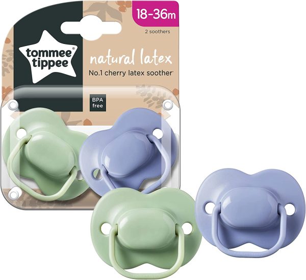 Tommee Tippee Natural Latex Cherry Soothers, Symmetrical Design, BPA-Free, 18-36m, Green and Blue, Pack of 2 Dummies