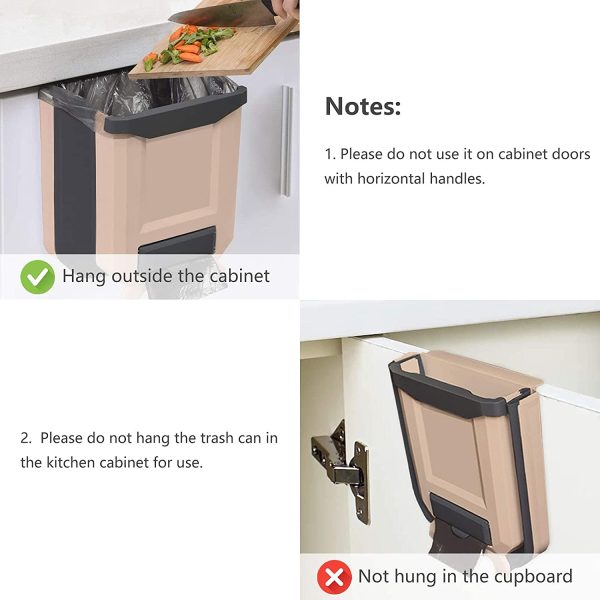 Kitchen Bin,Rubbish Bin Plastic Folding Wall Mounted for Cupboard Door Hanging Trash Can 8L (Beige)