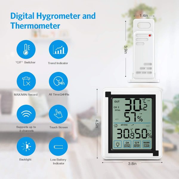 Indoor Outdoor Thermometer, Digital Hygrometer Thermometer with 3 Sensor, Humidity Monitor Wireless with Touchscreen Backlighty, Humidity Gauge for Home, Office, Baby Room - Image 5