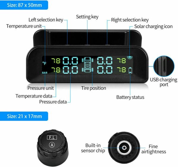 Solar Wireless Car TPMS Tyre Pressure Monitoring System + 4 External Sensor with Temperature and Pressure LCD Display Auto Alarm Real-Time - Image 8