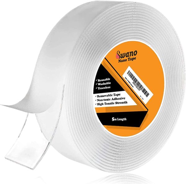 Swano Heavy Duty Double Sided Nano Transparent Tape 5 Meter (16.5 Feet) Removable, Trace Less and Reusable Multi-Function Adhesive Mounting Sticky Wall Strips, Water and Moisture Proof. - Image 7