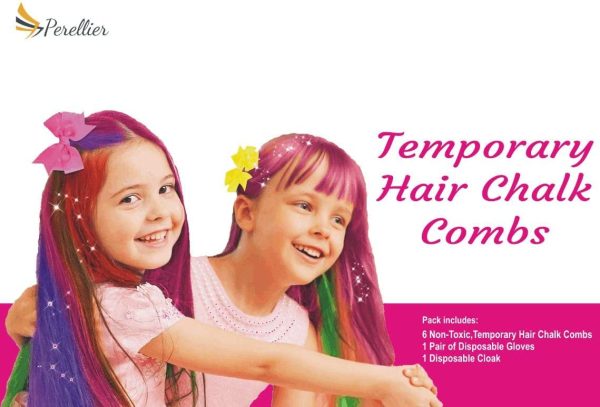 Perellier temporary Hair Chalk for kids and adults, Bright Hair Colour Dye combs for ages 4 and up. Washable, non-toxic & fun. Ideal present for New Year, Birthdays, Party, Cosplay DIY Children's Day, Halloween, Christmas, Pack of 6 Colour combs, gloves and gown (2 PACKS) - Image 2