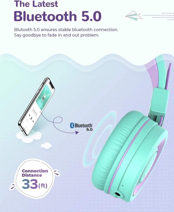 iClever BTH02 Kids Headphones, Kids Wireless Headphones with MIC, 22H Playtime, Bluetooth 5.0 & Stereo Sound, Foldable, Adjustable Headband, Childrens Headphones for iPad Tablet Home School, Green - Image 4