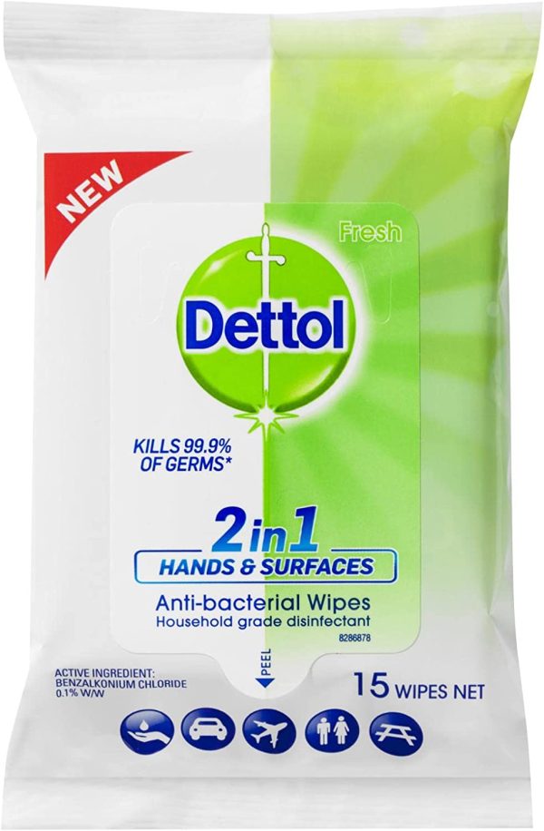 Dettol 2 in 1 Hands and Surfaces Antibacterial wipes 15 pack - Image 2