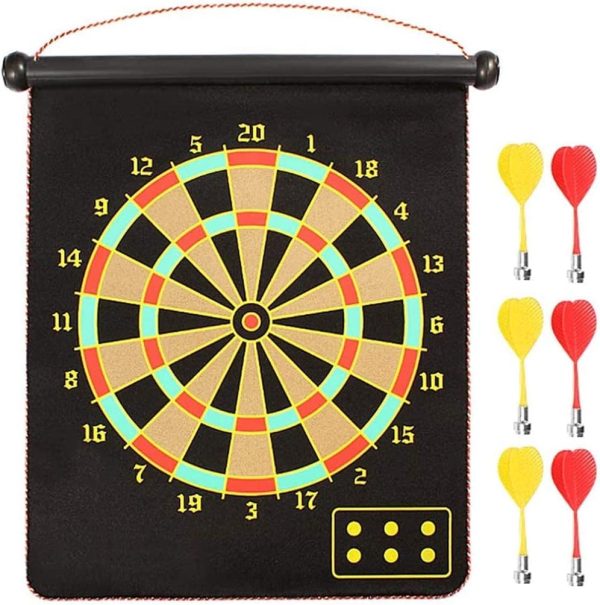 Magnetic Dartboard, Double Sided Rollup Flocking Dartboards Darts Plate of Safety Dart Board for Indoor Outdoor with 6 Darts, 12 inch - Image 3