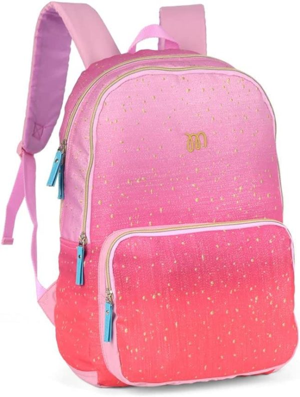 Girls School Backpack - Pink Ombre Glitter Fabric for Kids with Metallic Zip Detail (Pink)