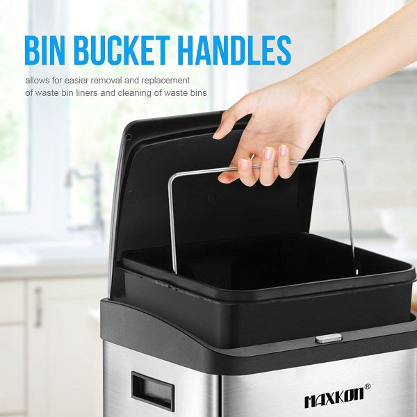 Maxkon 34L Dual Rubbish Bin Pedal Kitchen Waste Bin Trash Can Dustbin Garbage Stainless Steel Sliver - Image 6