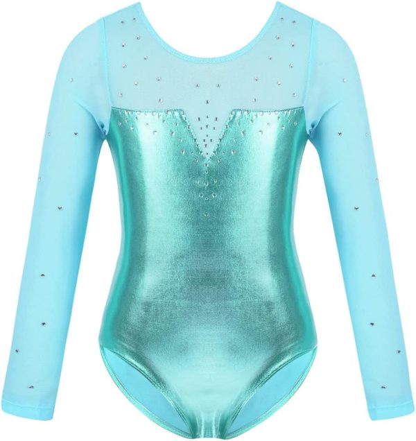 IEFIEL Kids Girls Shiny Rhinestone Mesh Long Sleeve Gymnastic Leotard Metallic Ballet Leotard Yoga Skating Bodysuit