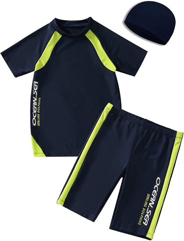 Boys Swimsuits UPF50+UV Swimwear Set Two Piece Rash Guard with Hat for Kids 4-14 Years