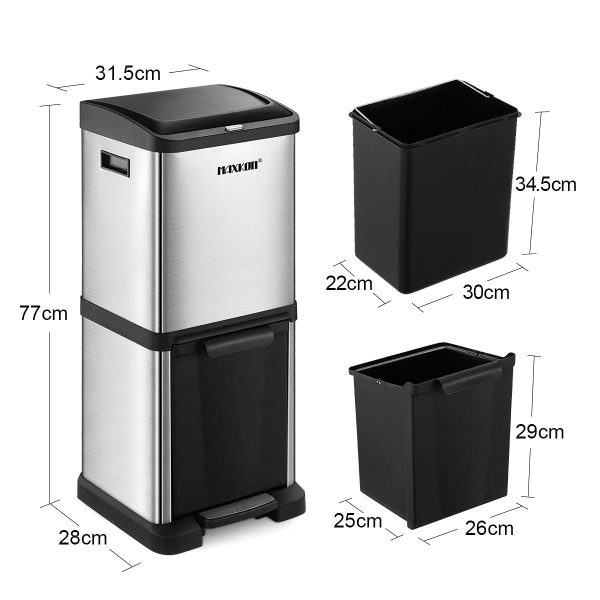 Maxkon 34L Dual Rubbish Bin Pedal Kitchen Waste Bin Trash Can Dustbin Garbage Stainless Steel Sliver