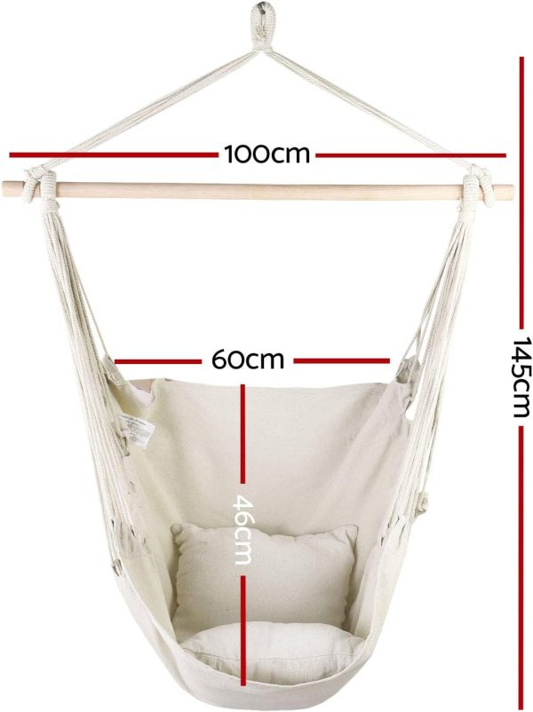 Garden Hammock Chair Hanging Rope Swing, Max 120kg Capacity, 2 Seat Cushions Included, Hanging Chair for Bedroom Living Room Porch Patio Garden Indoor Outdoor-Cream - Image 9