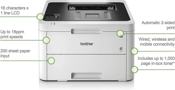 Brother HL-L3230CDW Colour Laser Printer - Single Function, Wireless/USB 2.0, 2 Sided Printing, A4 Printer, Small Office/Home Office Printer