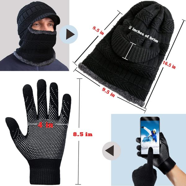 T WILKER 2Pcs Winter Knit Beanie Balaclava Hat Anti-Slip Touch Screen Mittens Set Thermal Ski Mask Cap Unisex for Womens Mens - Image 6