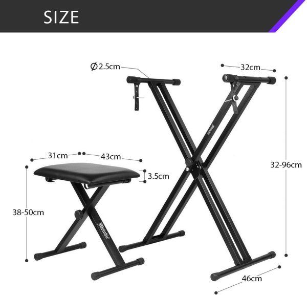 Melodic Adjustable Keyboard Stand Portable Piano Stool X-Shaped Bench Seat Set - Image 2