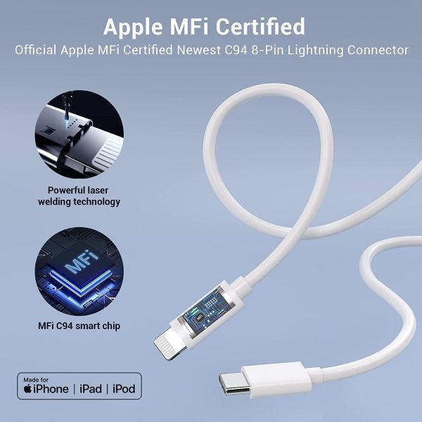 Quntis iPhone 13 Fast Charge Cable - 3Pack 6FT MFi Certified USB-C to Lightning Cable -USB C iPhone Charger Cord for iPhone 13 Mini Pro Max 12 Mini Pro Max 11 X XS XR 8 Plus iPad AirPods Pro, White - Image 3