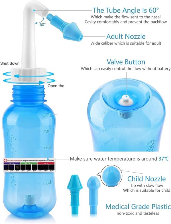 Darate Neti Pot Sinus Rinse Bottle 300 ML, Nose Wash Cleaner Pressure Rinse Nasal Irrigation for Adult & Kid BPA Free with Sticker Thermometer (300ml Bottle) - Image 9