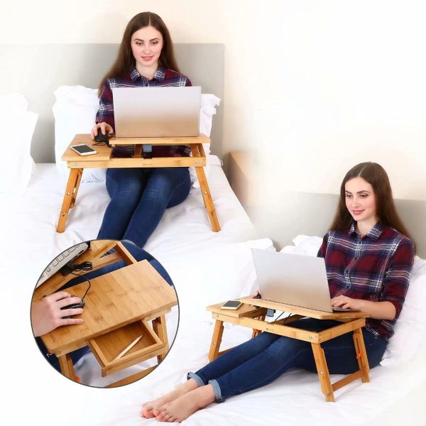 Laptop Desk  Table Adjustable 100% Bamboo Foldable Breakfast Serving Bed Tray w' Tilting Top Drawer