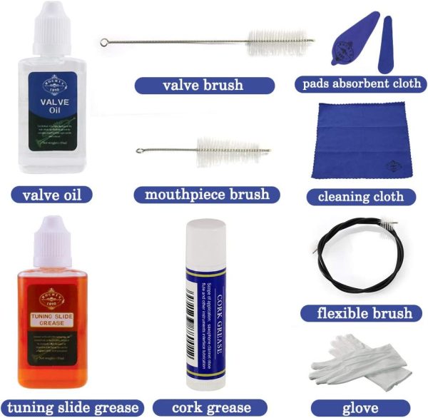 Rochix Trumpet/Cornet Care Cleaning Kit,Maintenance Kit,Valve Oil,Tuning Slide Grease,Flexible Brush,Valve Brush,Mouthpiece Brush,Cork Grease,Cleaning Cloth and More(Random Color Cloths) - Image 3