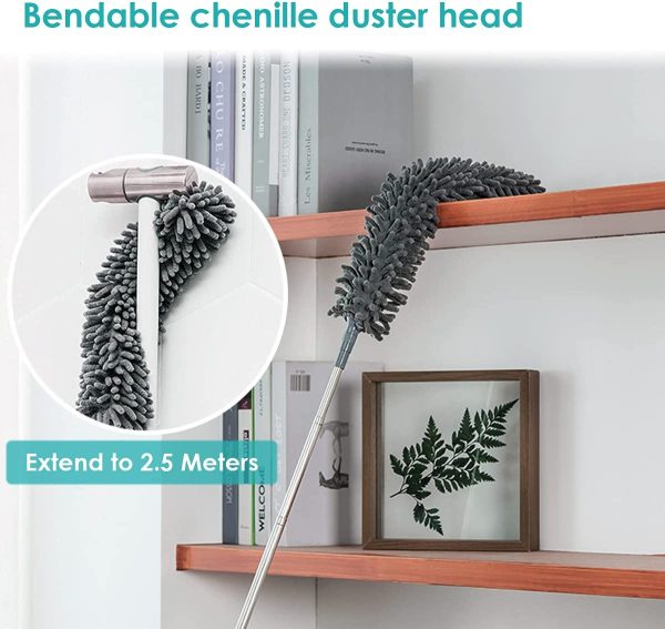 Feather Duster with 3 Brush Head 2.5 Meters' Extra Long Extension Pole, Bendable Extendable Duster for Cleaning High Ceiling, Ceiling Fan, Blinds, Cobwebs, Furniture, Cars (Grey) - Image 4