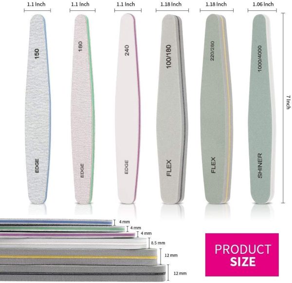 Professional Nail Files for Acrylic Nails , Nails Filer Manicure Tools Kit Art Care, Fingernail File Emery Boards Buffer Block Tools 100/180 Grit 6pcs/set - Image 4