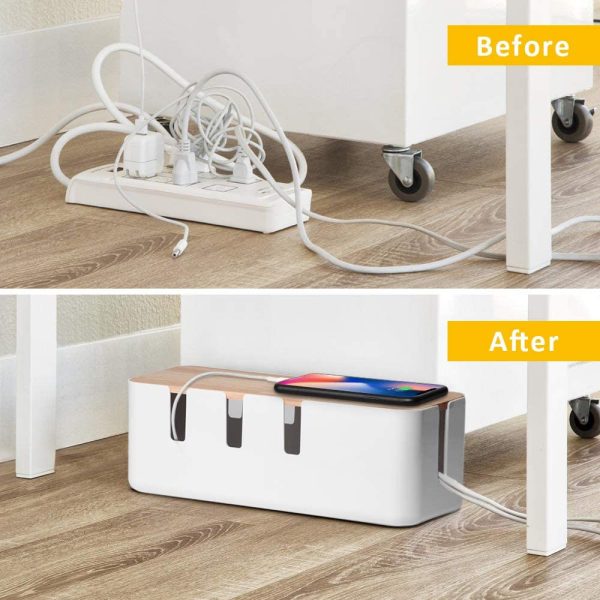 Cable Management Box by , 12"x5"x4.5", Wood Lid, Cord Organizer for Desk TV Computer USB Hub System to Cover and Hide & Power Strips & Cords