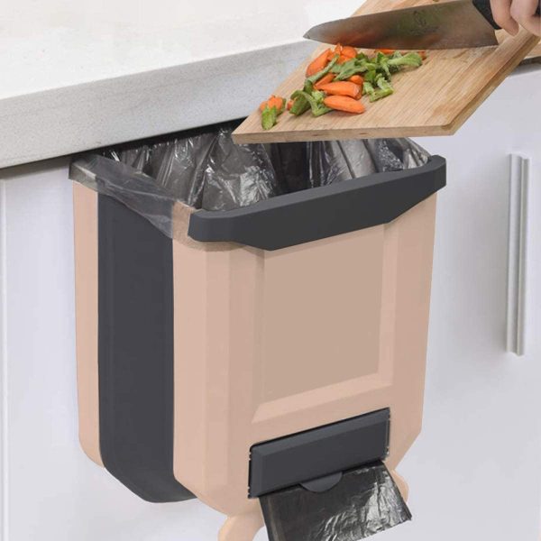 Kitchen Bin,Rubbish Bin Plastic Folding Wall Mounted for Cupboard Door Hanging Trash Can 8L (Beige) - Image 8