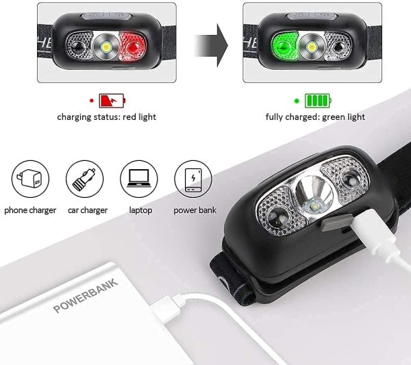 LED Head Torch, USB Headlamp Rechargeable IPX6 Waterproof Headlight Flashlight, Ultra-Light Super Bright 160 Lumens LED Rechargeable Head Torch with Motion Sensor and Red Light Have Modes - Image 2