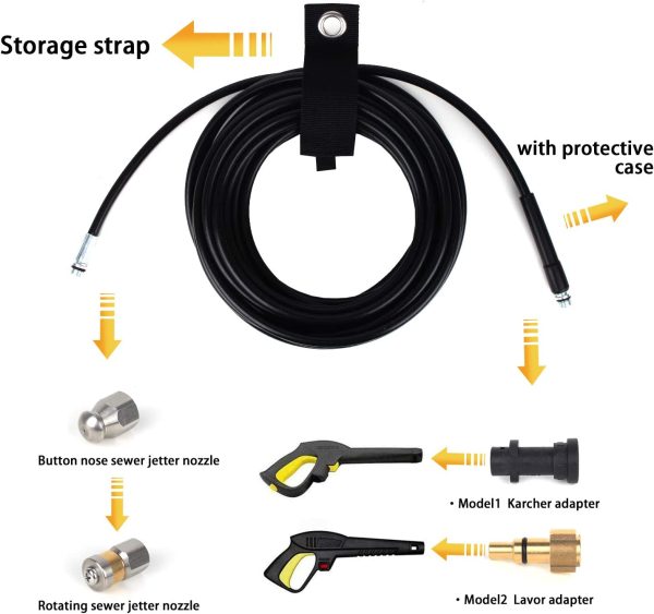 Qooltek 15M/50FT Pressure Washer Drain Pipe Hose Cleaning Kit with Jet Nozzle and Rotating Jet Nozzle for Karcher K2 K3 K4 K5 K6 K7 Series and LAVOR Household Use Pressure Washer - Image 2