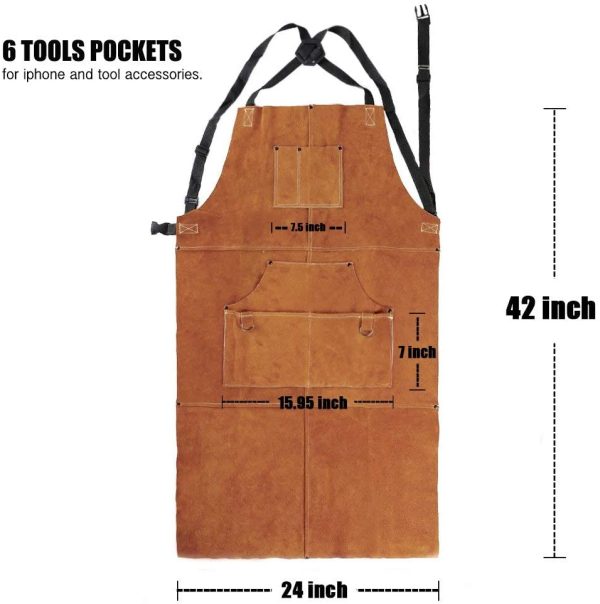 Leather Welding Apron with 6 Pockets - Heat & Flame-Resistant Apron, 24'' X 42'', Adjustable M to XXXL - Image 4