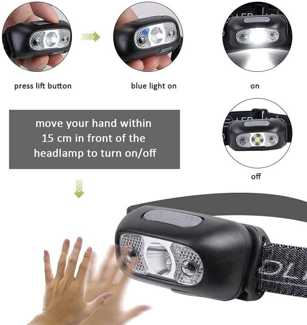 LED Head Torch, USB Headlamp Rechargeable IPX6 Waterproof Headlight Flashlight, Ultra-Light Super Bright 160 Lumens LED Rechargeable Head Torch with Motion Sensor and Red Light Have Modes