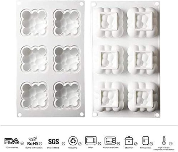 Silicone Mould for Chocolate 3D Bubbles Clouds 6 Cavities Square Baking Molds Cloud Mousse Cake Mold Dessert Cake Tin Moulds for Jelly Candy Truffle Muffin Pudding Ice Cream Bombe